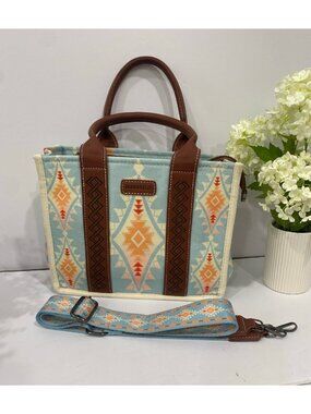 Wan & Kelo Blue Boho Southwestern Aztec Pattern Purse Shoulder Bag with Strap